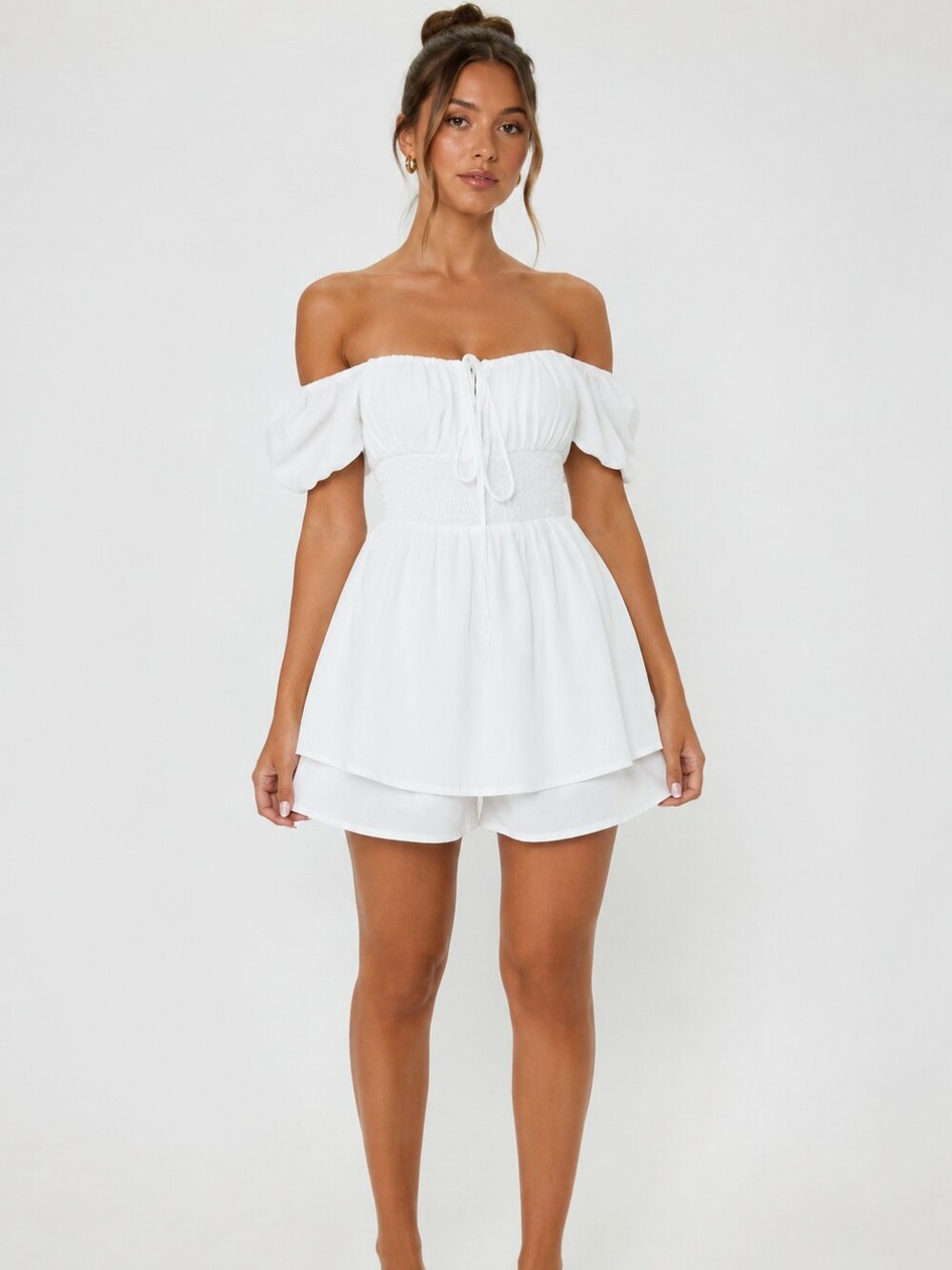 Promesa White Off-Shoulder Tiered Mini Dress